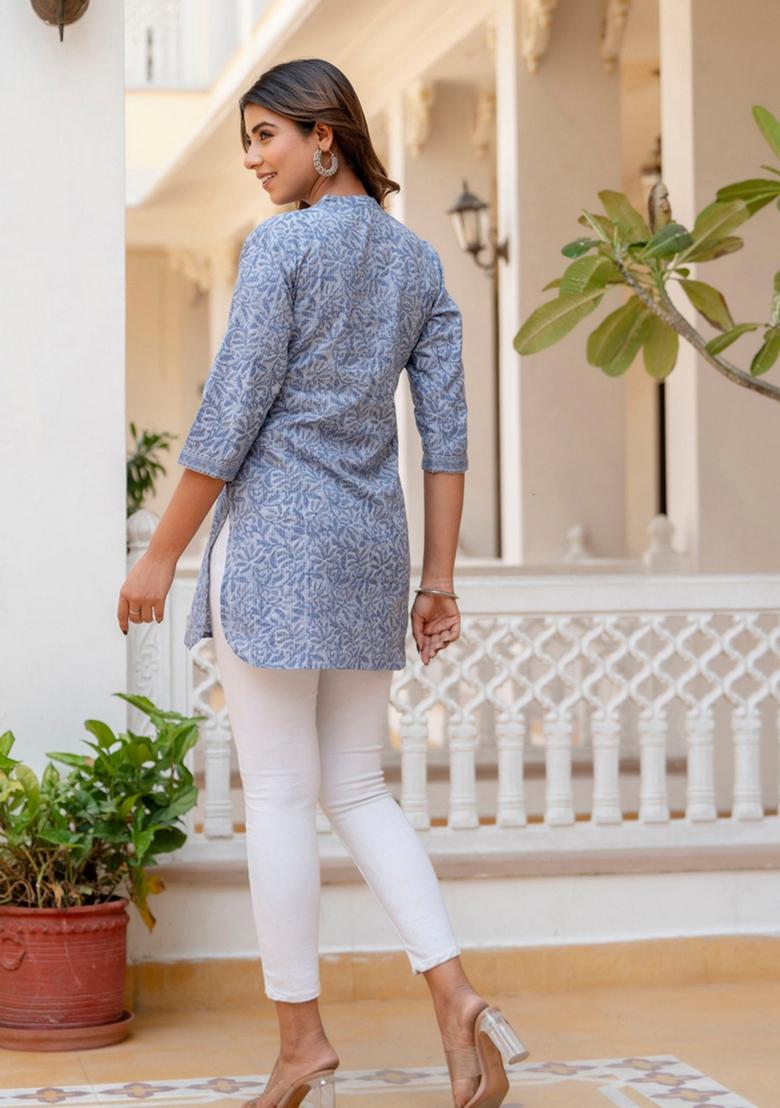 Blue Floral Cotton Kurta - Indya