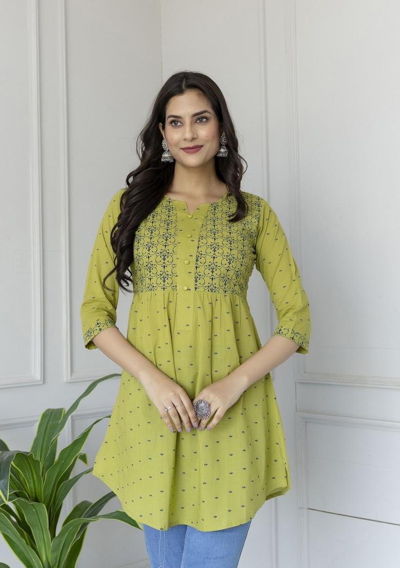Green Printed Cotton Kurta - Indya