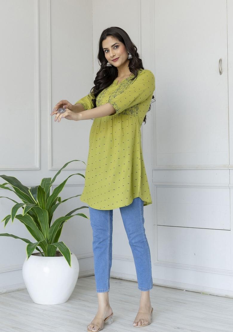 Green Printed Cotton Kurta - Indya