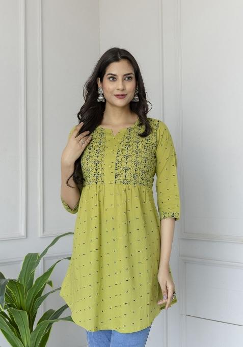Green Embroidered Cotton Kurta