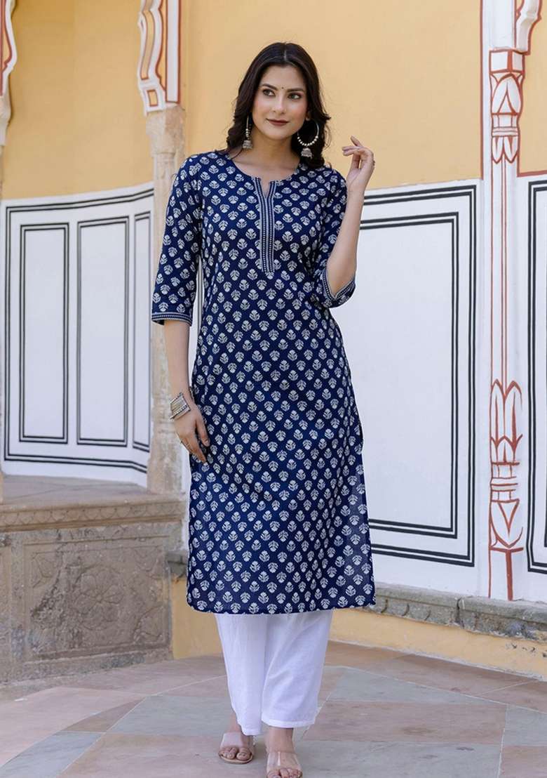 Blue Printed Cotton Straight Kurta Set - Indya