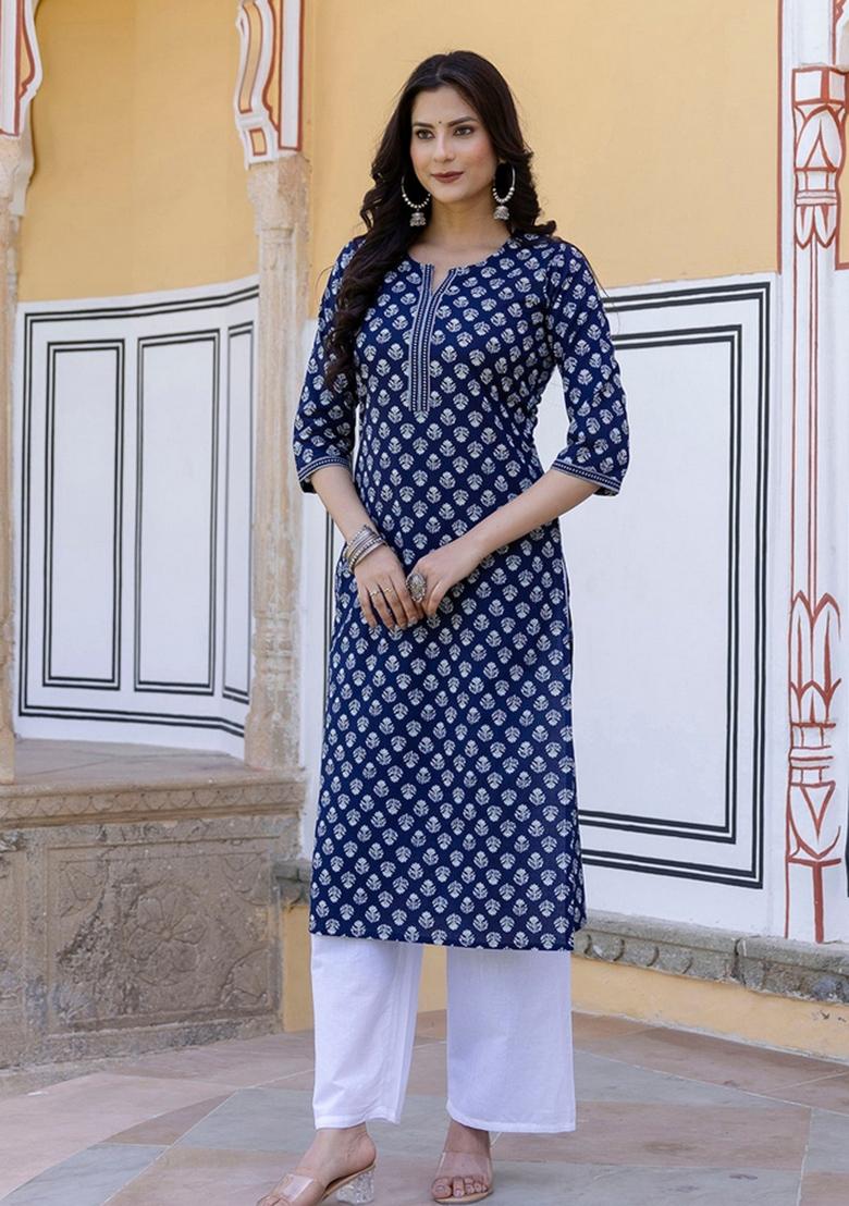 Blue Printed Cotton Kurta - Indya
