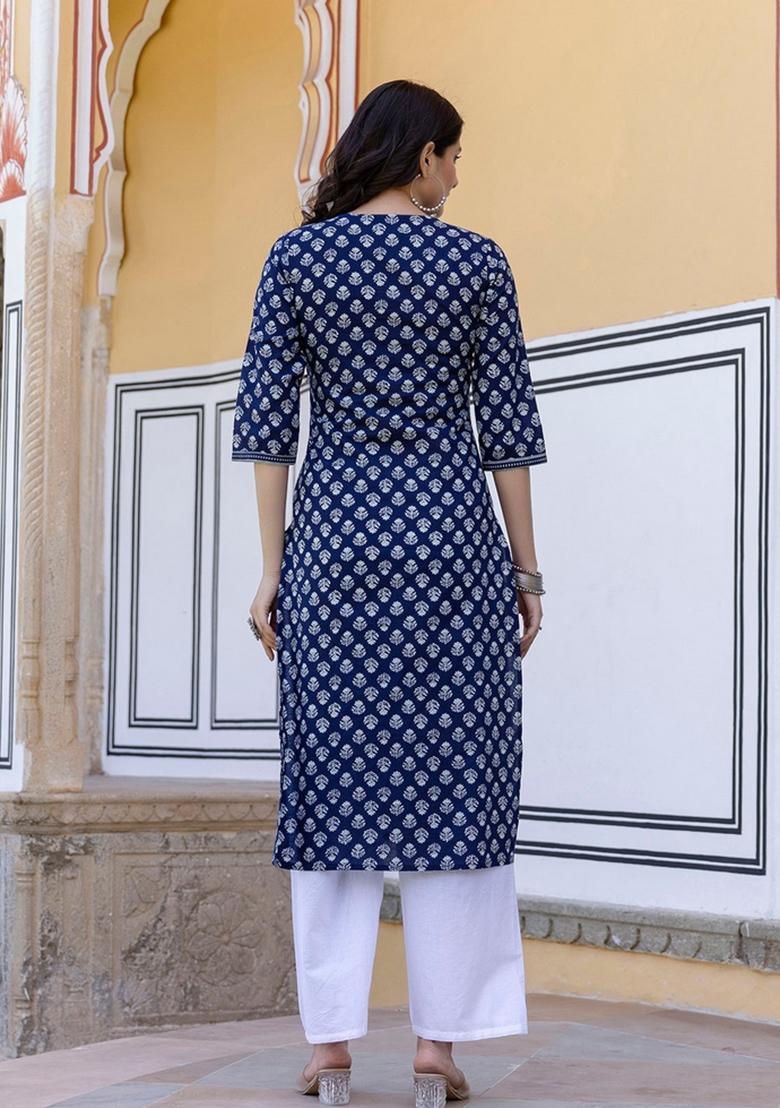 Blue Printed Cotton Kurta - Indya