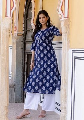 Navy Blue Printed Cotton Kurta