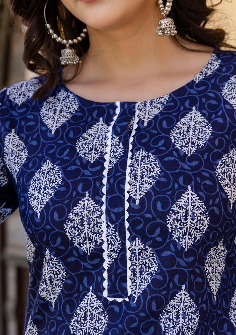 Navy Blue Printed Cotton Kurta - Indya
