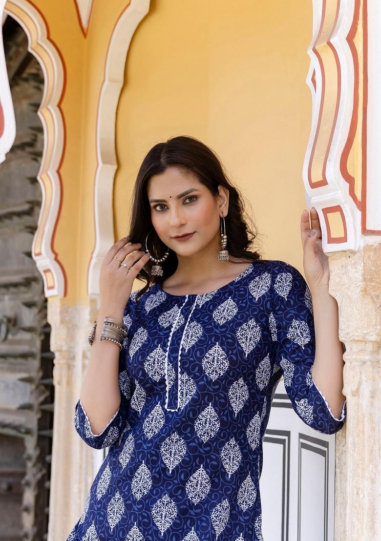 Navy Blue Printed Cotton Kurta - Indya