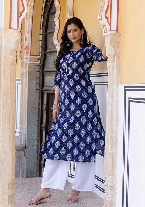 Navy Blue Printed Cotton Kurta