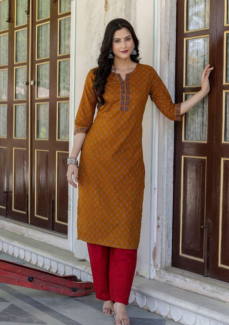 Mustard Printed Cotton Straight Kurta Set - Indya