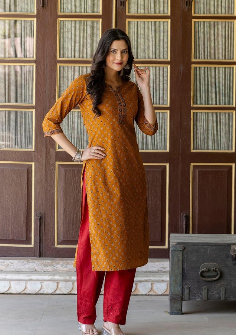 Mustard Printed Cotton Kurta - Indya