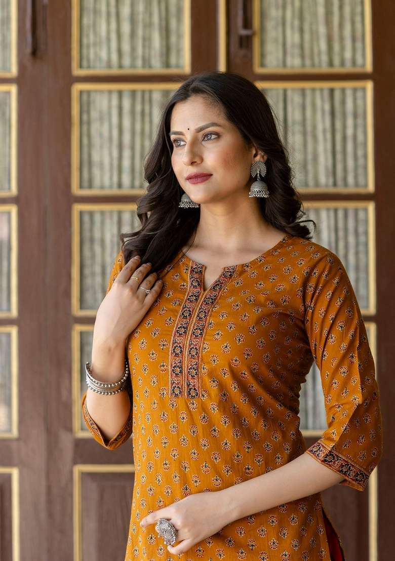 Mustard Printed Cotton Straight Kurta Set - Indya