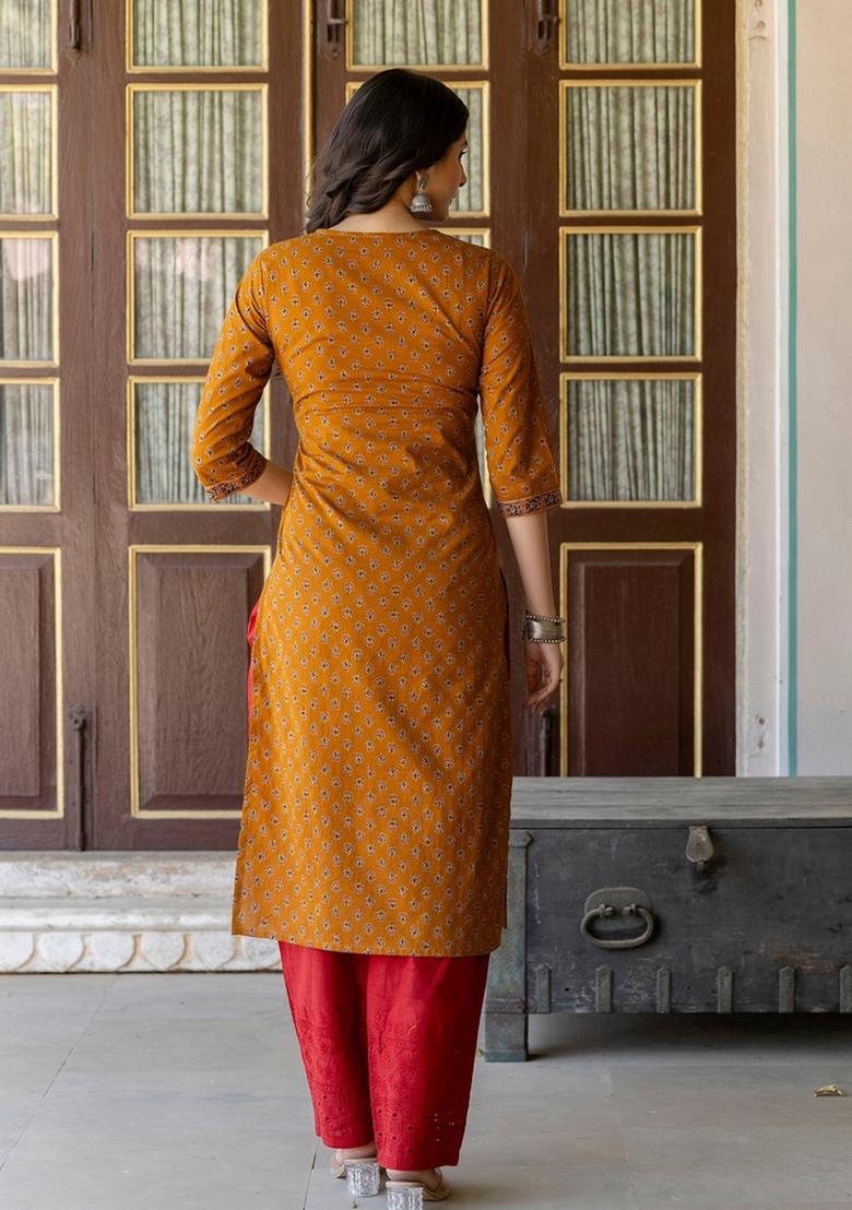 Mustard Printed Cotton Kurta - Indya