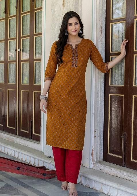 Mustard Printed Cotton Kurta