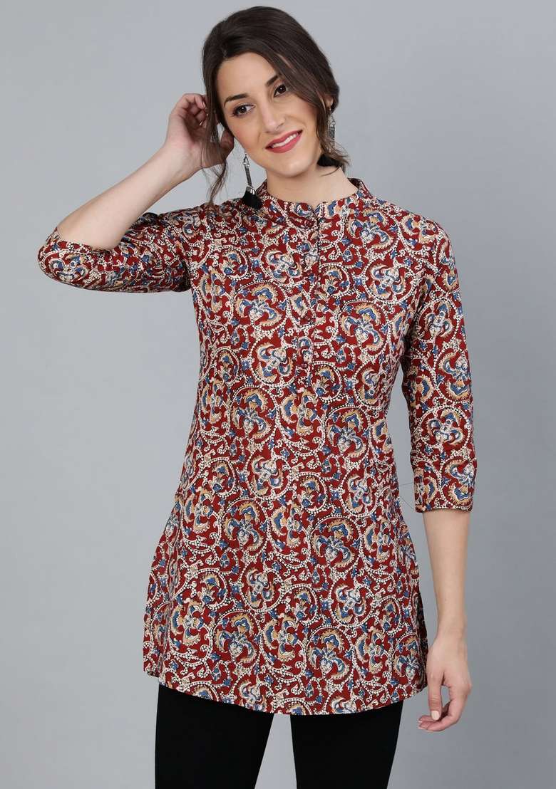 Maroon Printed Cotton Kurta - Indya