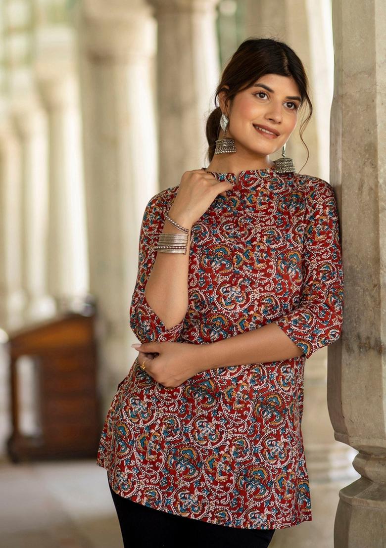 Maroon Printed Cotton Tunic - Indya