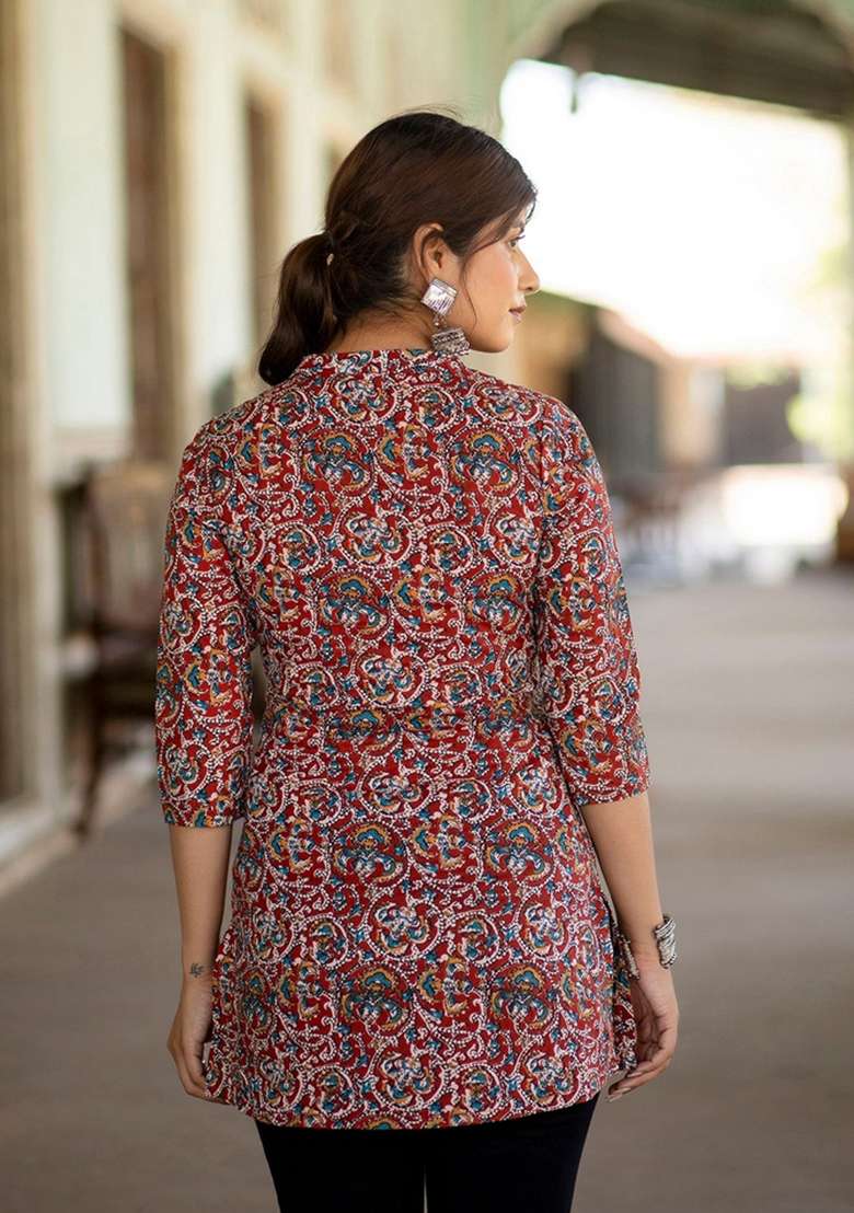 Maroon Printed Cotton Kurta - Indya