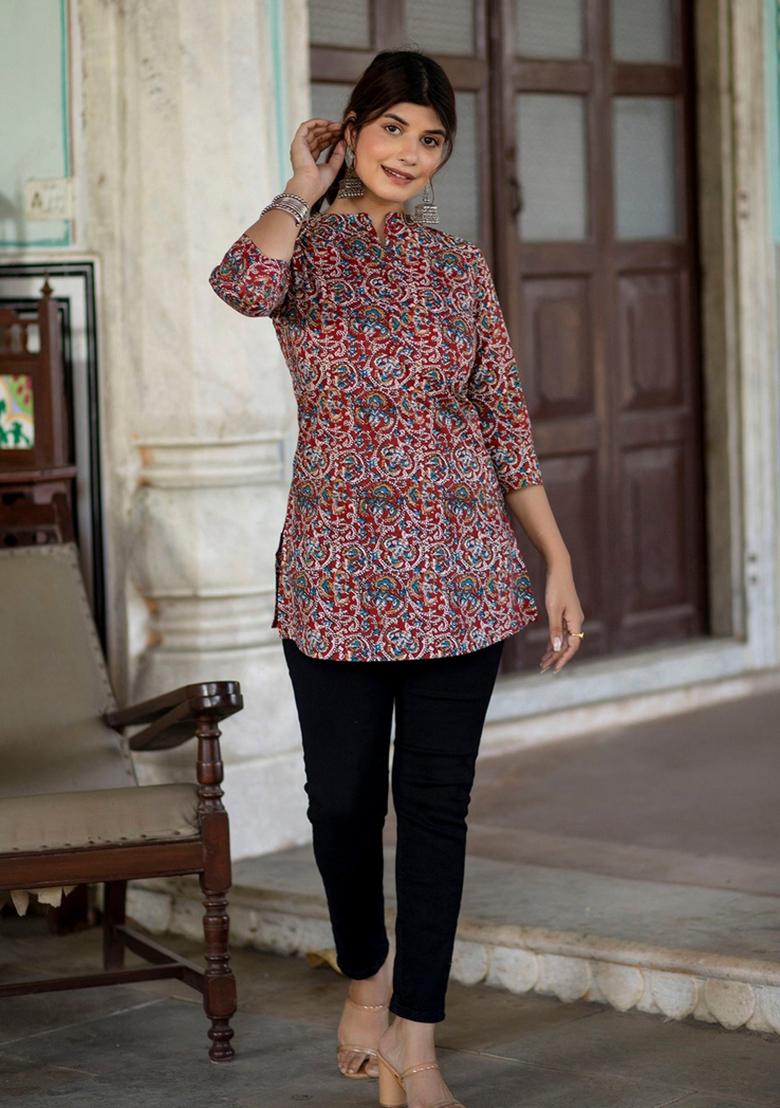 Maroon Printed Cotton Tunic - Indya