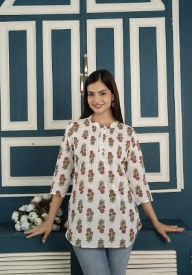Off White Floral Print Cotton Tunic