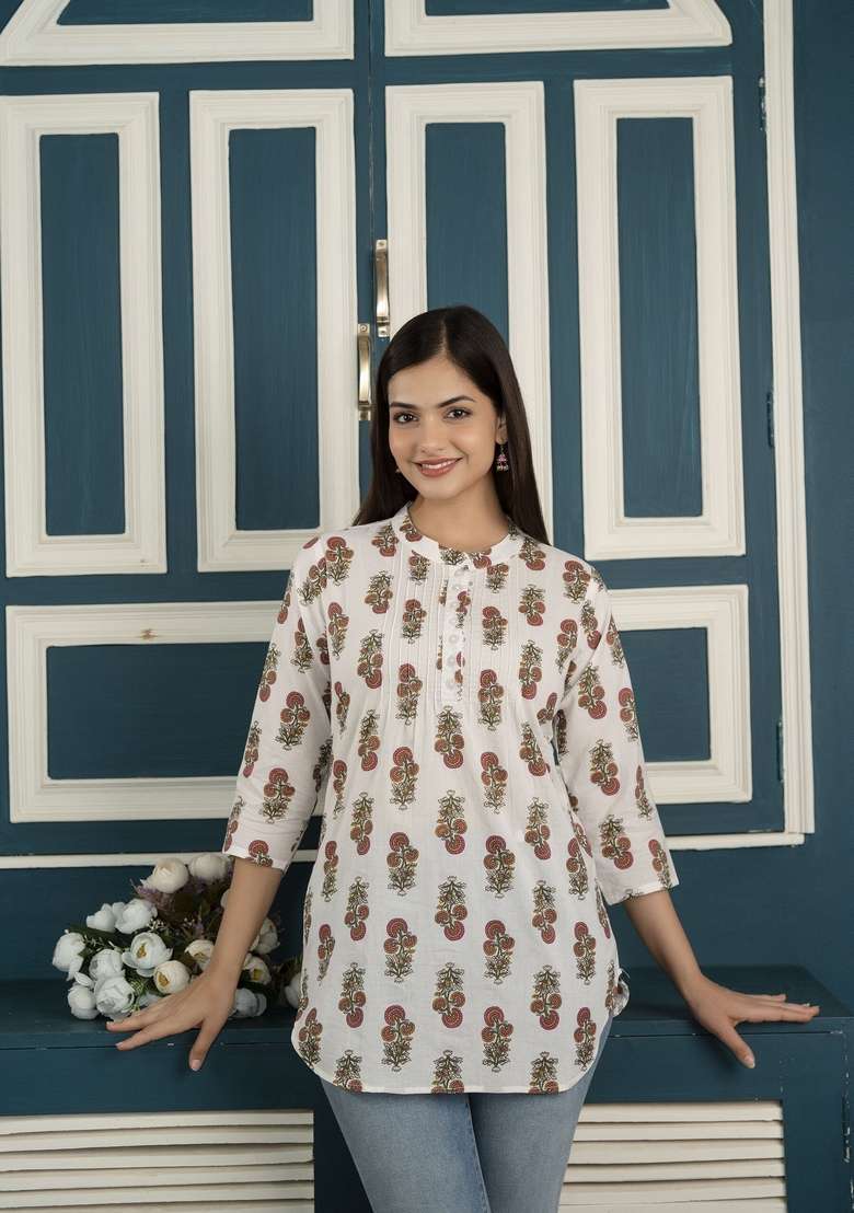 Off White Floral Print Cotton Kurta - Indya