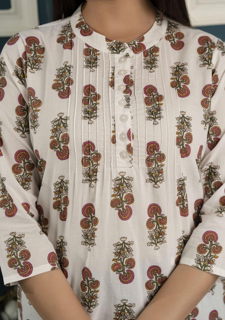 Off White Floral Print Cotton Tunic - Indya