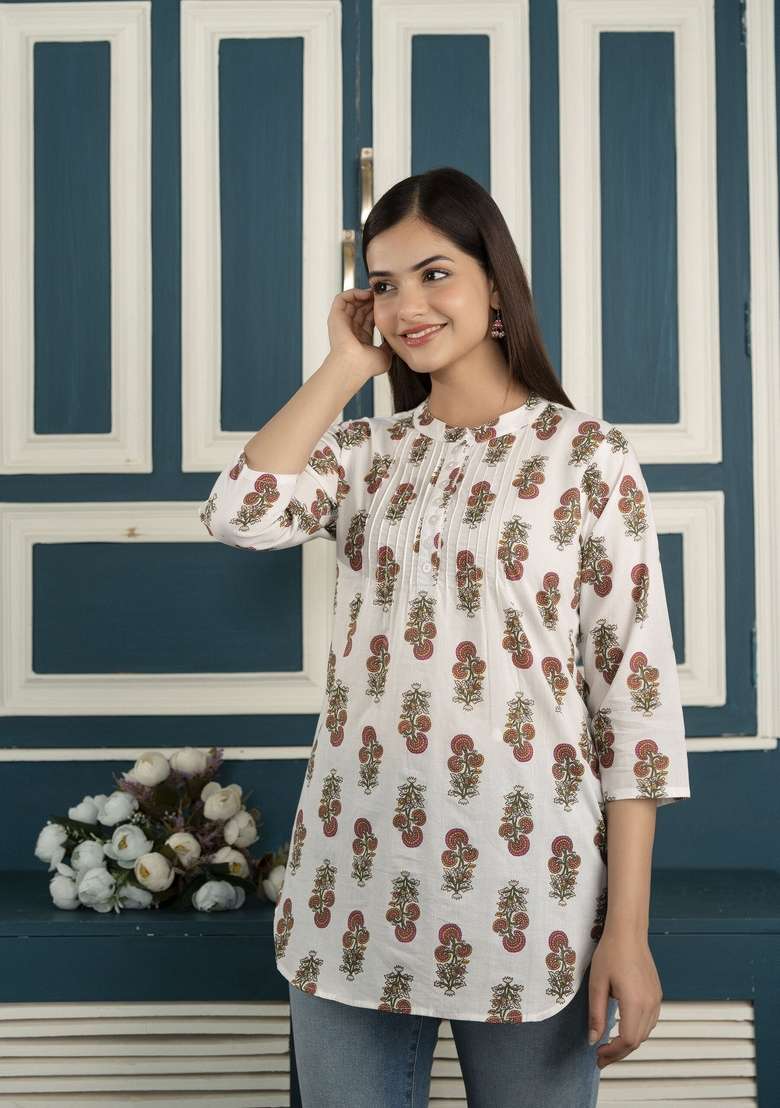 Off White Floral Print Cotton Kurta - Indya