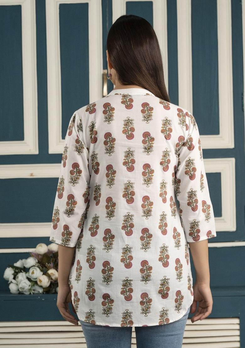 Off White Floral Print Cotton Tunic - Indya
