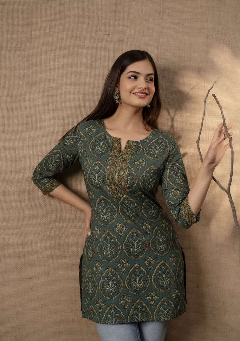 Green Printed Cotton Kurta - Indya