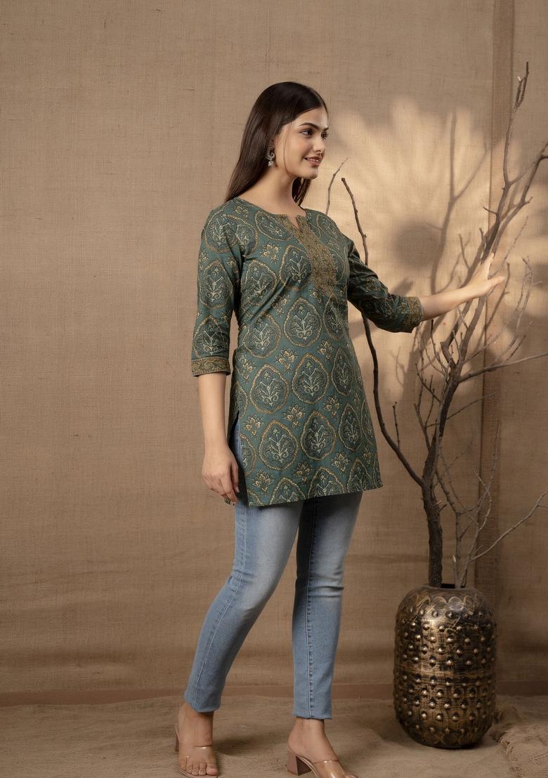 Green Printed Cotton Kurta - Indya