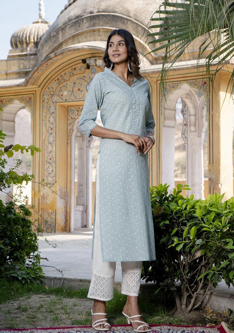 Green Printed Cotton Kurta - Indya