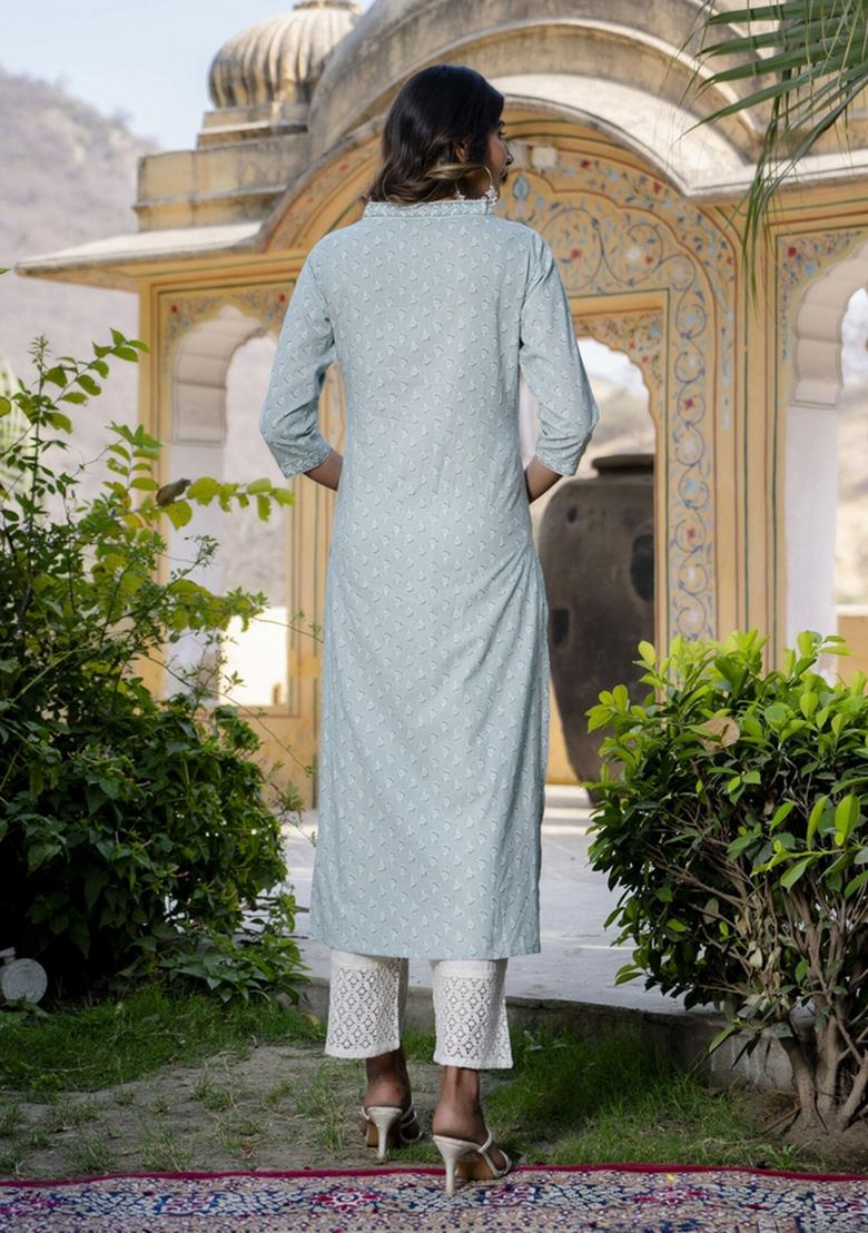 Green Printed Cotton Kurta - Indya