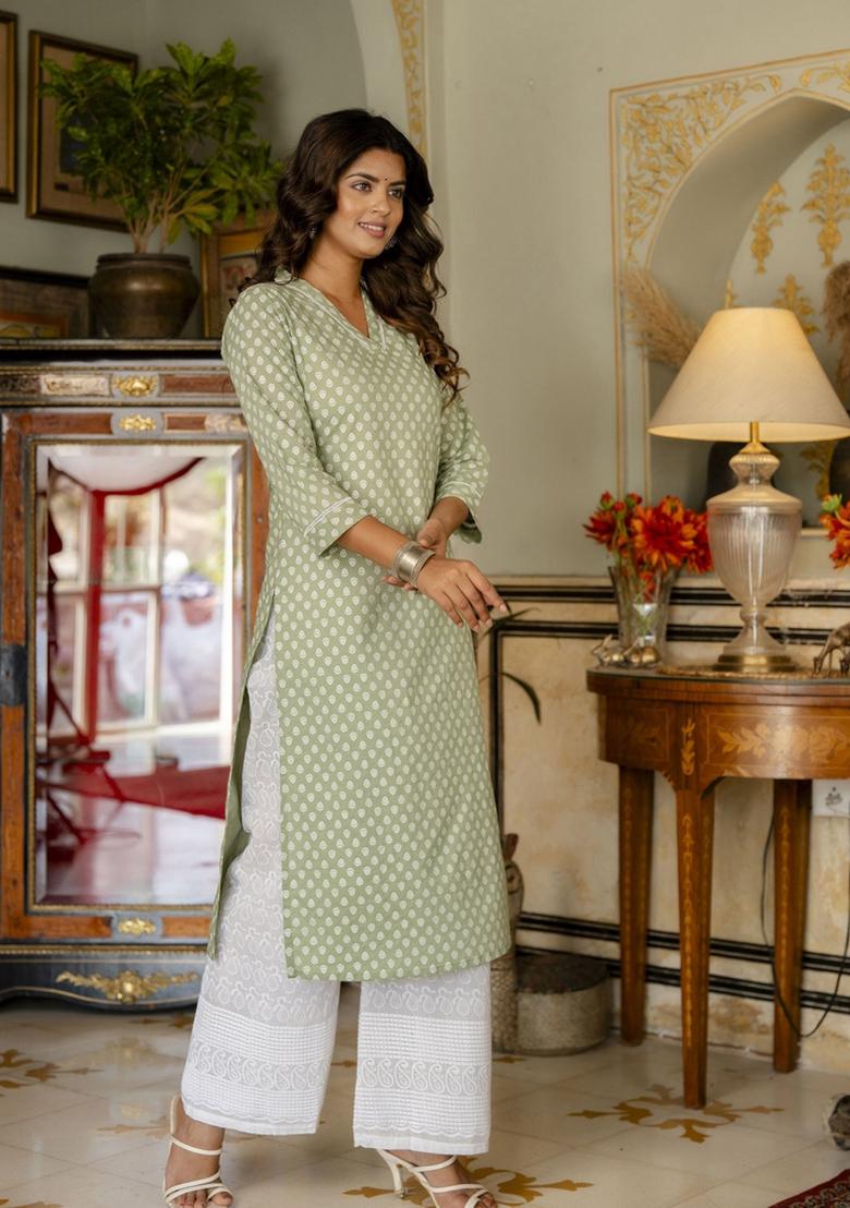Green Printed Cotton Kurta - Indya