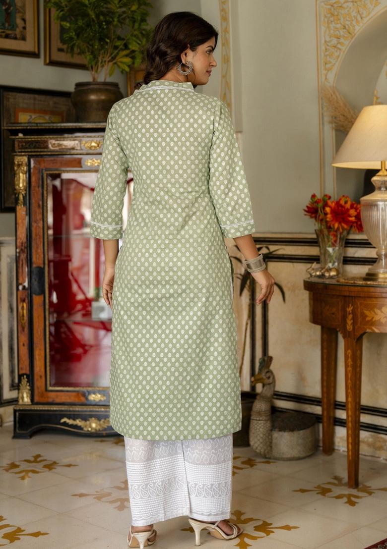 Green Printed Cotton Kurta - Indya