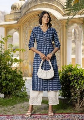 Blue Printed Cotton Kurta