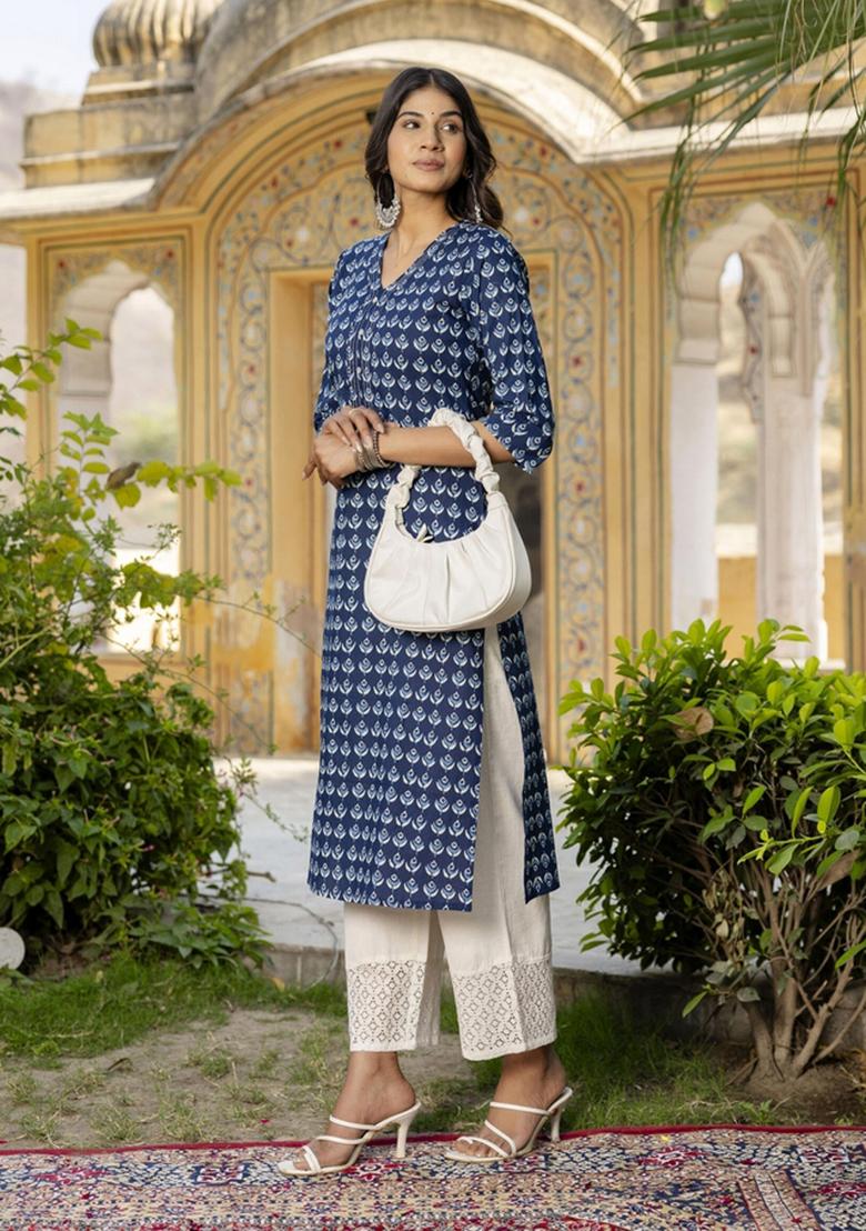 Blue Printed Cotton Kurta - Indya