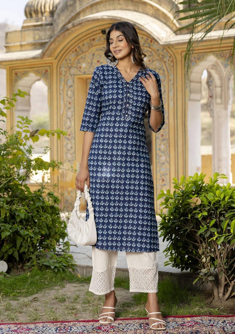 Blue Printed Cotton Kurta - Indya