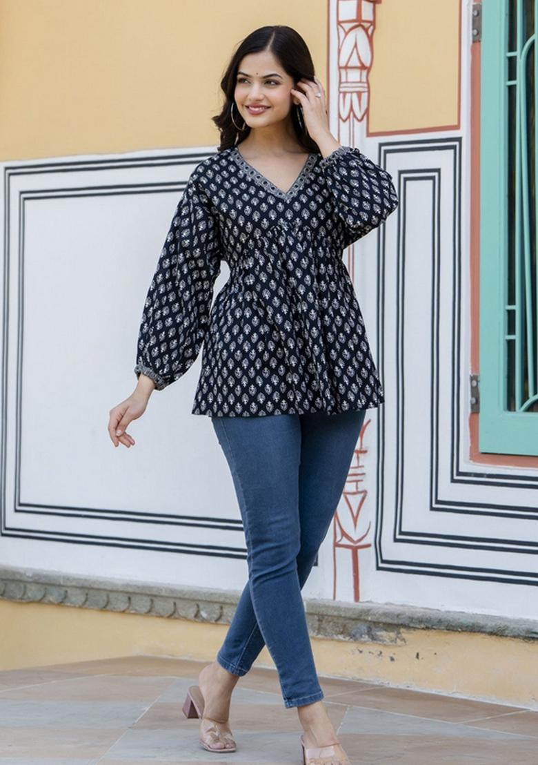 Black Printed Cotton Top - Indya