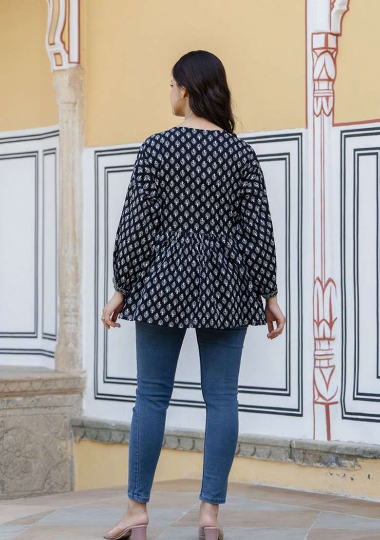 Black Printed Cotton Kurta - Indya
