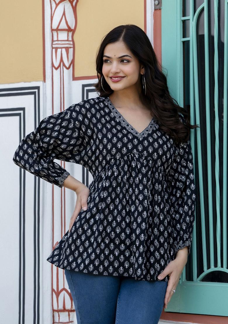 Black Printed Cotton Top - Indya