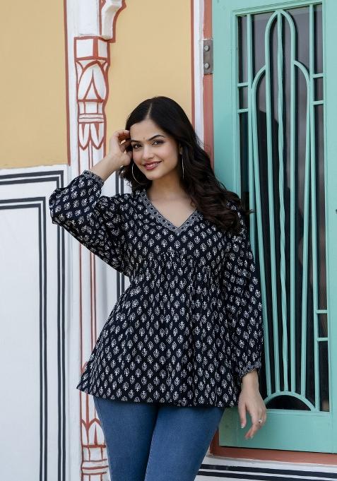 Black Printed Cotton Top