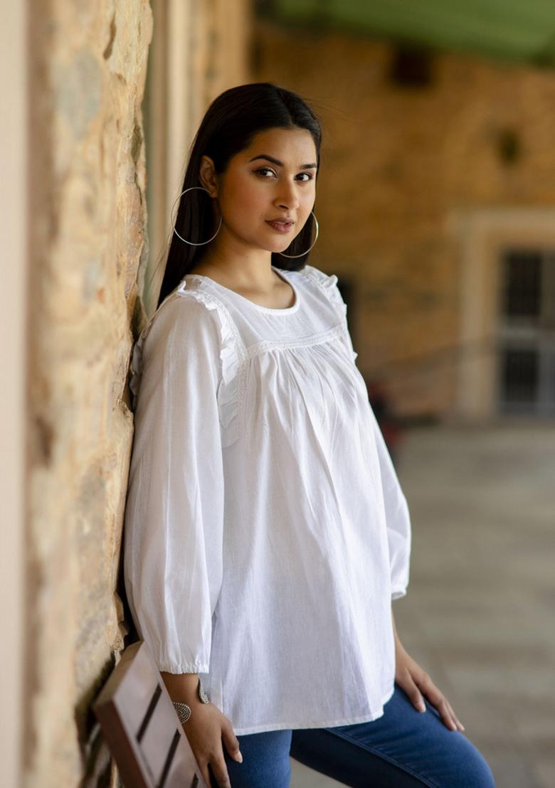 White Floral Cotton Top - Indya