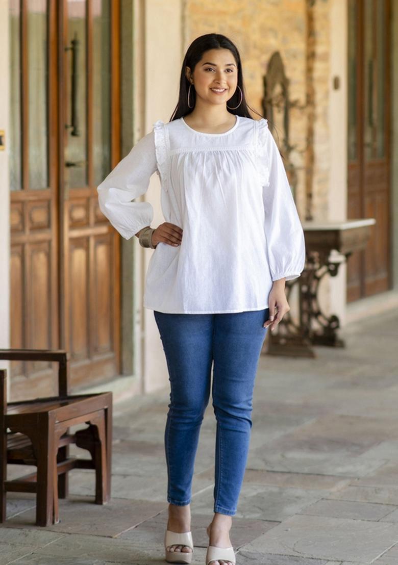 White Floral Cotton Top - Indya