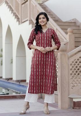 Maroon Printed Cotton Kurta