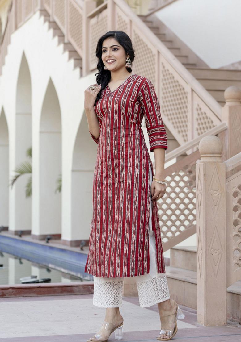 Maroon Printed Cotton Kurta - Indya