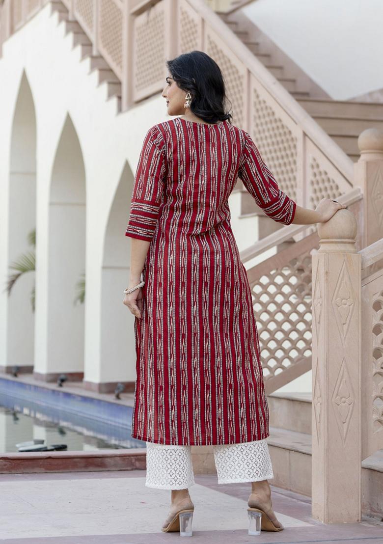 Maroon Printed Cotton Kurta - Indya