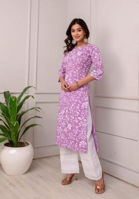 Lavender Floral Print Cotton Straight Kurta Set