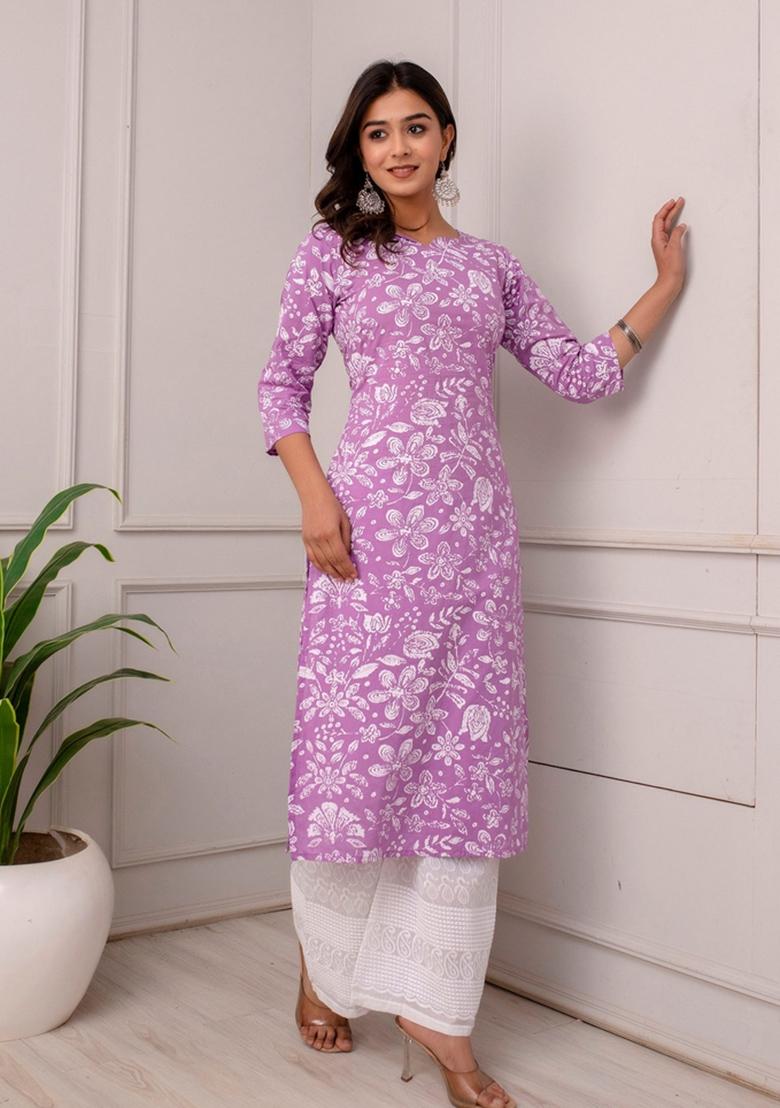 Lavender Printed Cotton Kurta - Indya