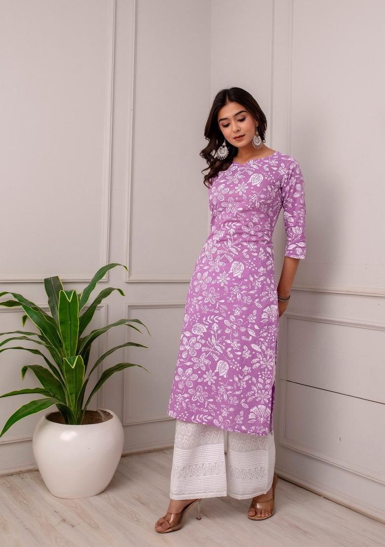 Lavender Printed Cotton Kurta - Indya