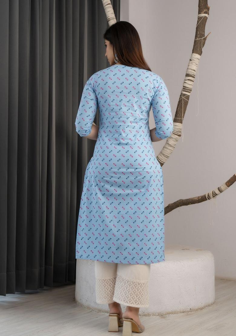 Blue Printed Cotton Kurta - Indya