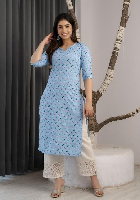 Blue Printed Cotton Kurta