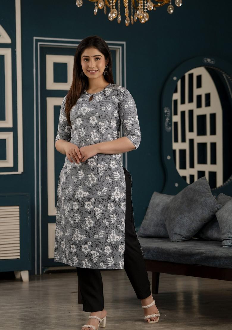 Grey Printed Cotton Kurta - Indya