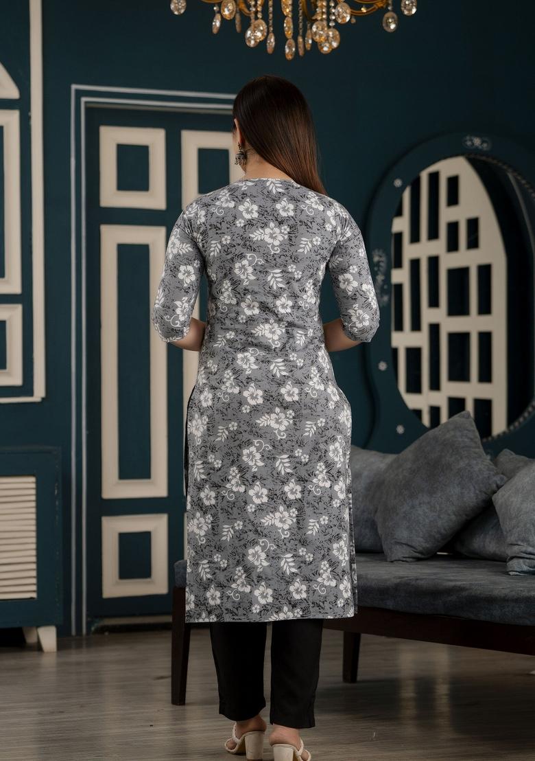 Grey Printed Cotton Kurta - Indya